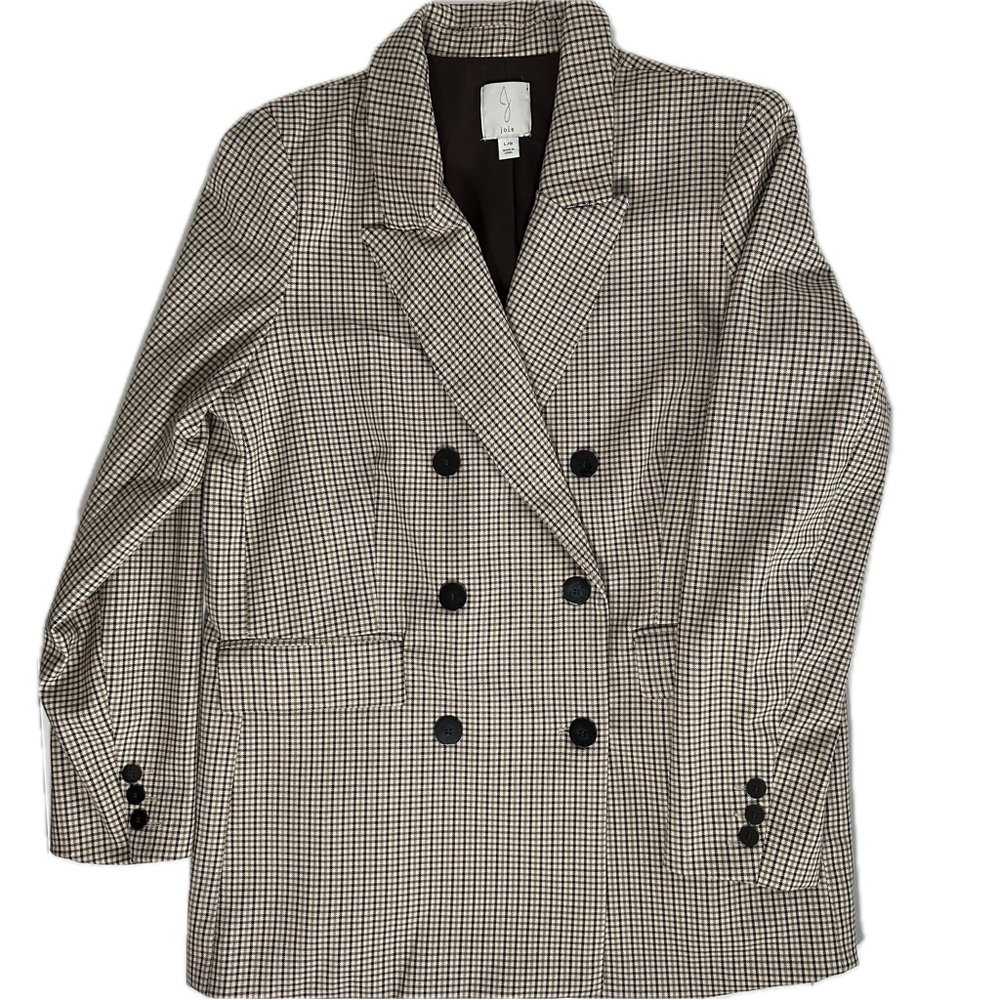 Joie Brown Wool Blend Houndstooth Blazer Double Breasted Pockets Large Office